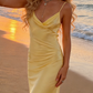 Light Yellow Satin Spaghetti Strap Maxi Dress - Cowl Neck Back Tie Beach Vacation/Garden Date/Light Evening Dress gh6995