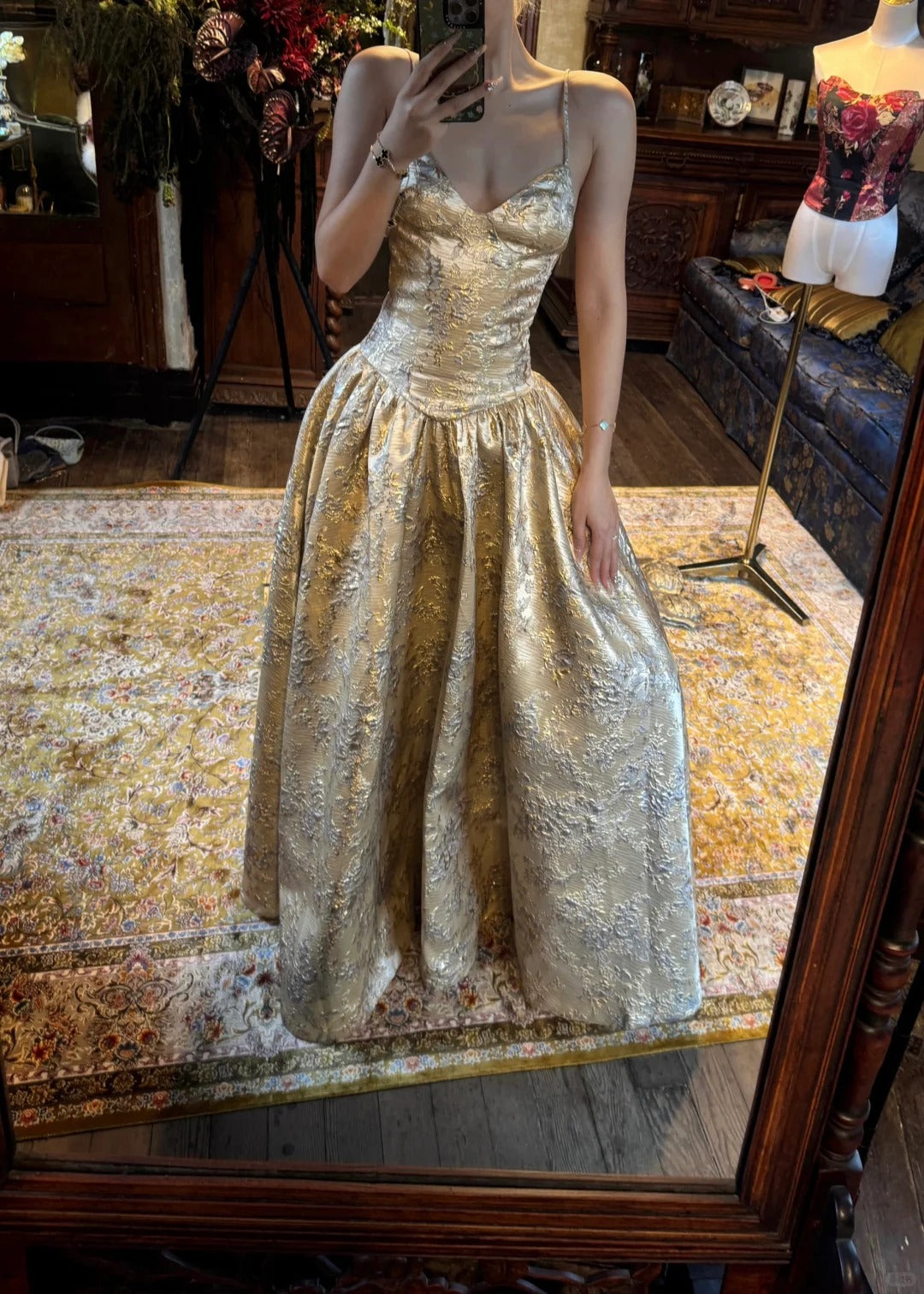 Vergoldetes, elegantes, modisches Vintage-Kleid mit langem Satin-Ballkleid, Abendkleid für Hochzeitsgäste, Partykleid, Brautjungfernkleid, Abschlussballkleid, gh3993