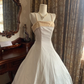 White Spaghetti Strap Waist-Cinched Voluminous Skirt Elegant Vintage Prom Gown, Graduation Dress, Wedding Dress gh7263