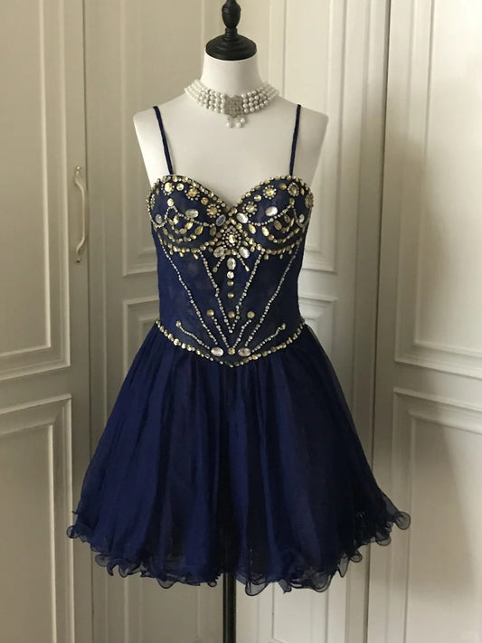 💙Dunkelblaues, glänzendes, kurzes Retro-Prinzessinnen-Heimkehrkleid mit Perlen besetztem Tüll, Ballkleid, Abendkleid gh4393