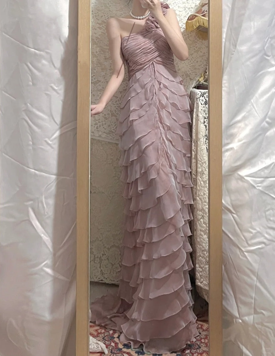 Robe de soirée longue élégante en mousseline de soie, motif floral lilas, robe de demoiselle d'honneur, gh4463