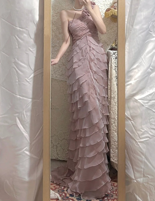 Robe de soirée longue élégante en mousseline de soie, motif floral lilas, robe de demoiselle d'honneur, gh4463