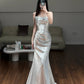 Luxury Shimmer Style Silver Sequin Strapless Mermaid Gown - Dinner & Red Carpet Gorgeous Dress gh6566