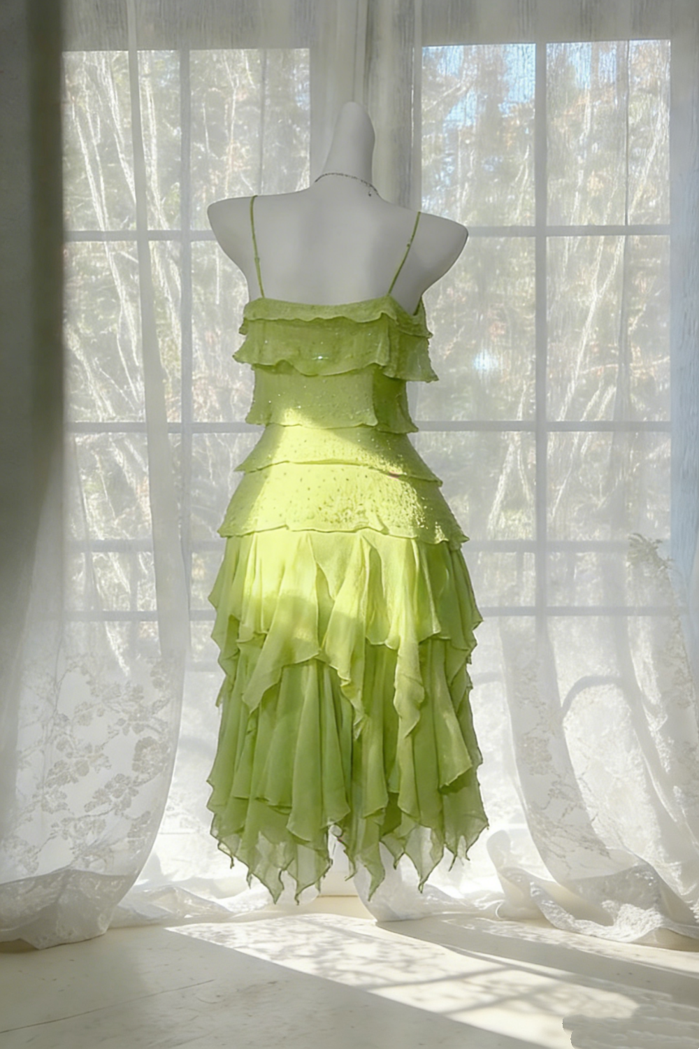 ✨Robe à sequins vert citron à volants - Robe de soirée asymétrique à bretelles fines gh6941
