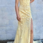 girlhomeshops-Yellow floral long slit floor-length tulle prom dress ball gown gh5922