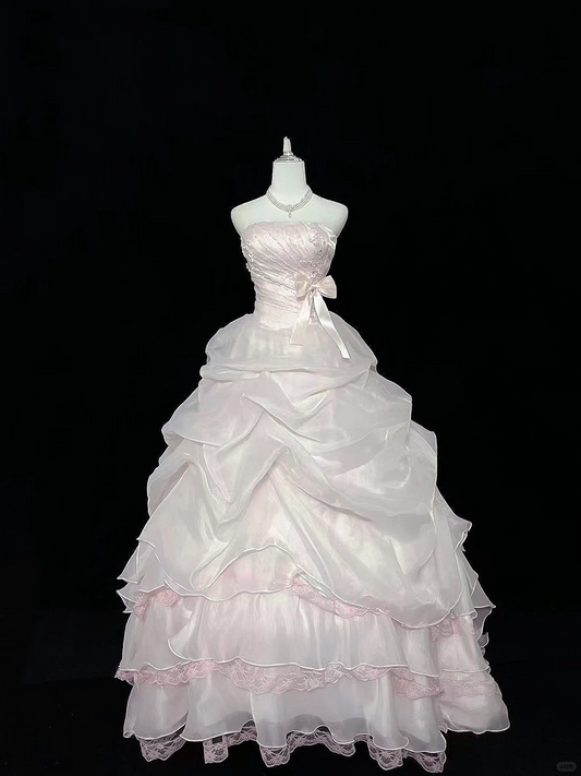 Light Pink Strapless Cinched Waist Voluminous Princess Skirt Long Romantic Dress, Wedding Gown gh7952