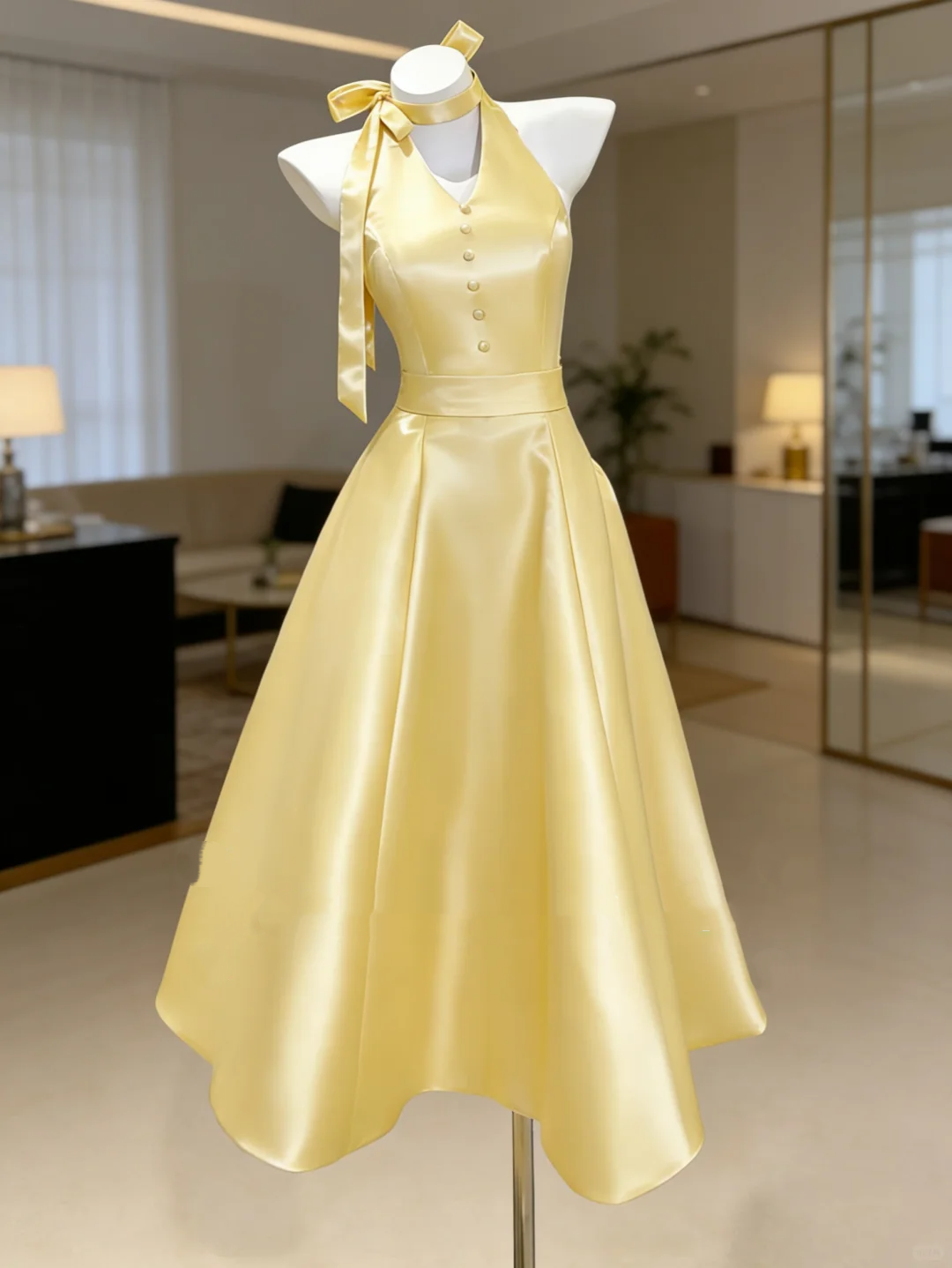 Light Color Halter Waist-Cinched Fitted Satin Elegant Evening Dress, Fairy Gown, Romantic Gown gh7380