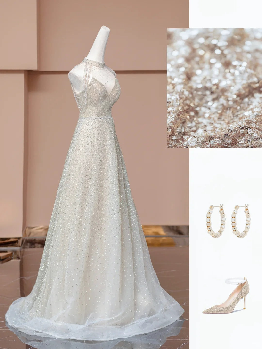 Robe de soirée longue en tulle, élégante et brillante, couleur champagne doré, gh4870