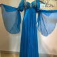 Blaues Vintage Langarm Perlen Langes Chiffon Ballkleid Abendkleid Partykleid gh4941