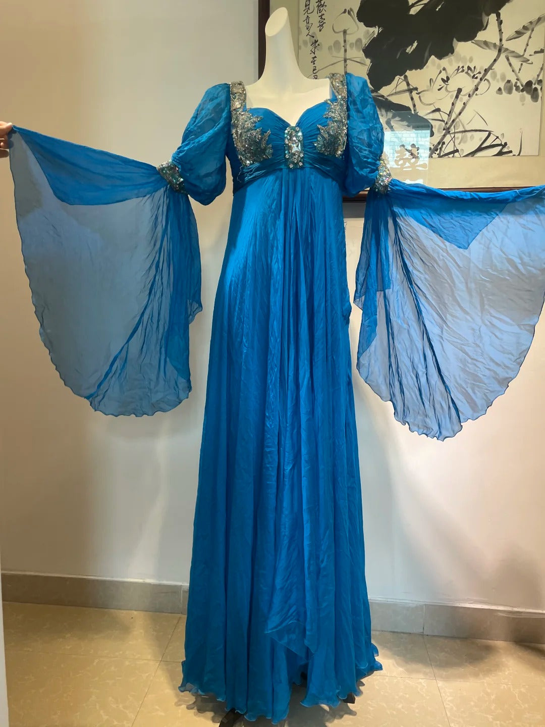 Blaues Vintage Langarm Perlen Langes Chiffon Ballkleid Abendkleid Partykleid gh4941