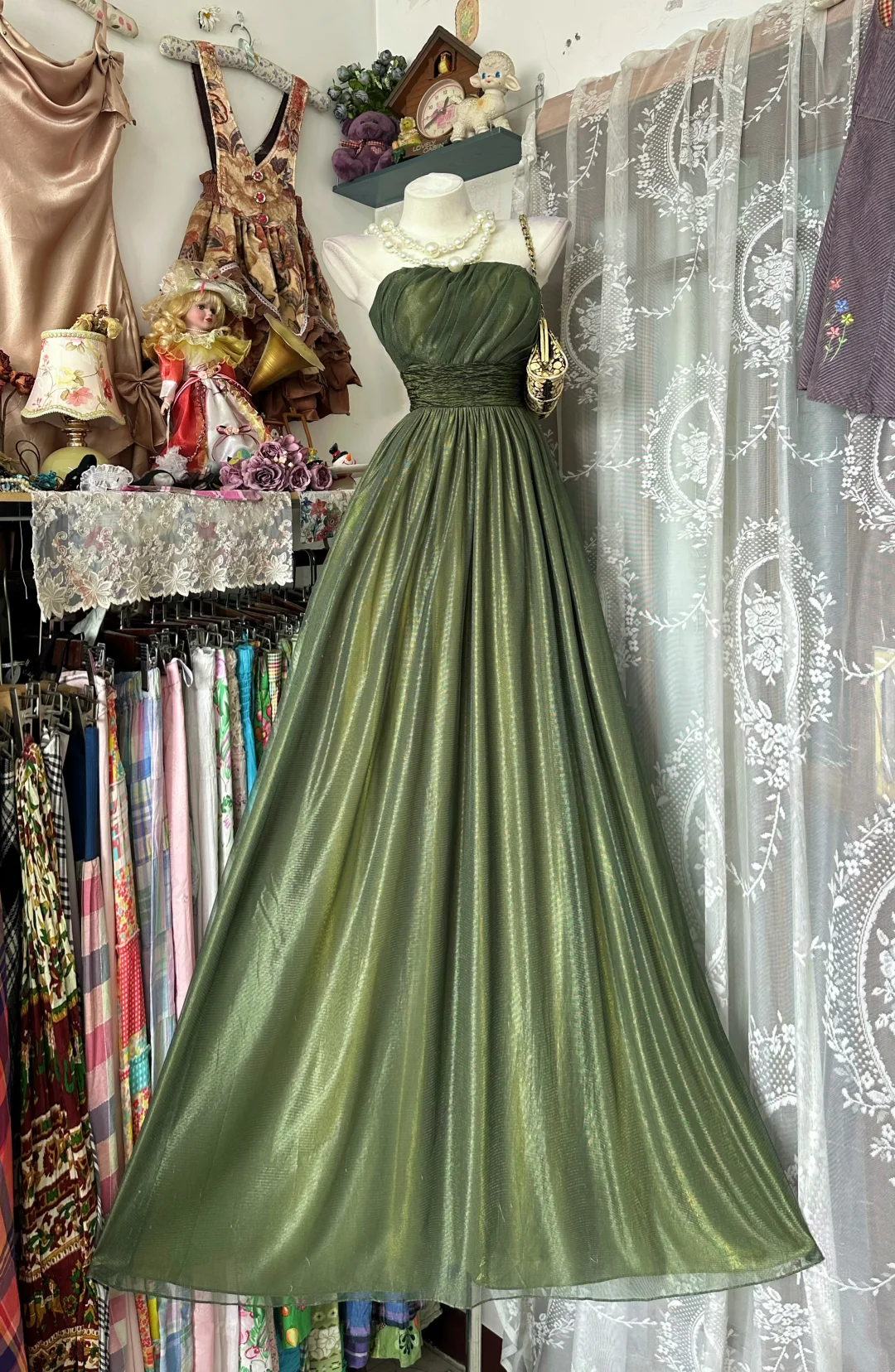 Muted Sage Strapless Waist-Cinched Maxi Vintage Formal Evening Party Gown gh7189