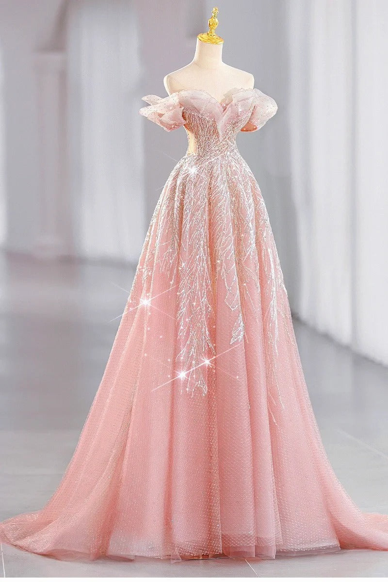 Rosa wunderschöne glänzende verträumte elegante Mode exquisite Perlen lange bodenlangen Schleppe Tüll Ballkleid Abendkleid gh4000