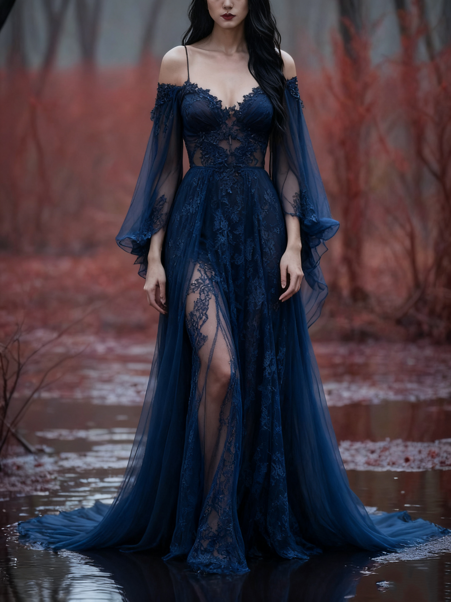 girlhomeshops-Long Sleeves Long Tulle Floor-Length Train Retro Elegant Ball Gown Evening Dress gh5943