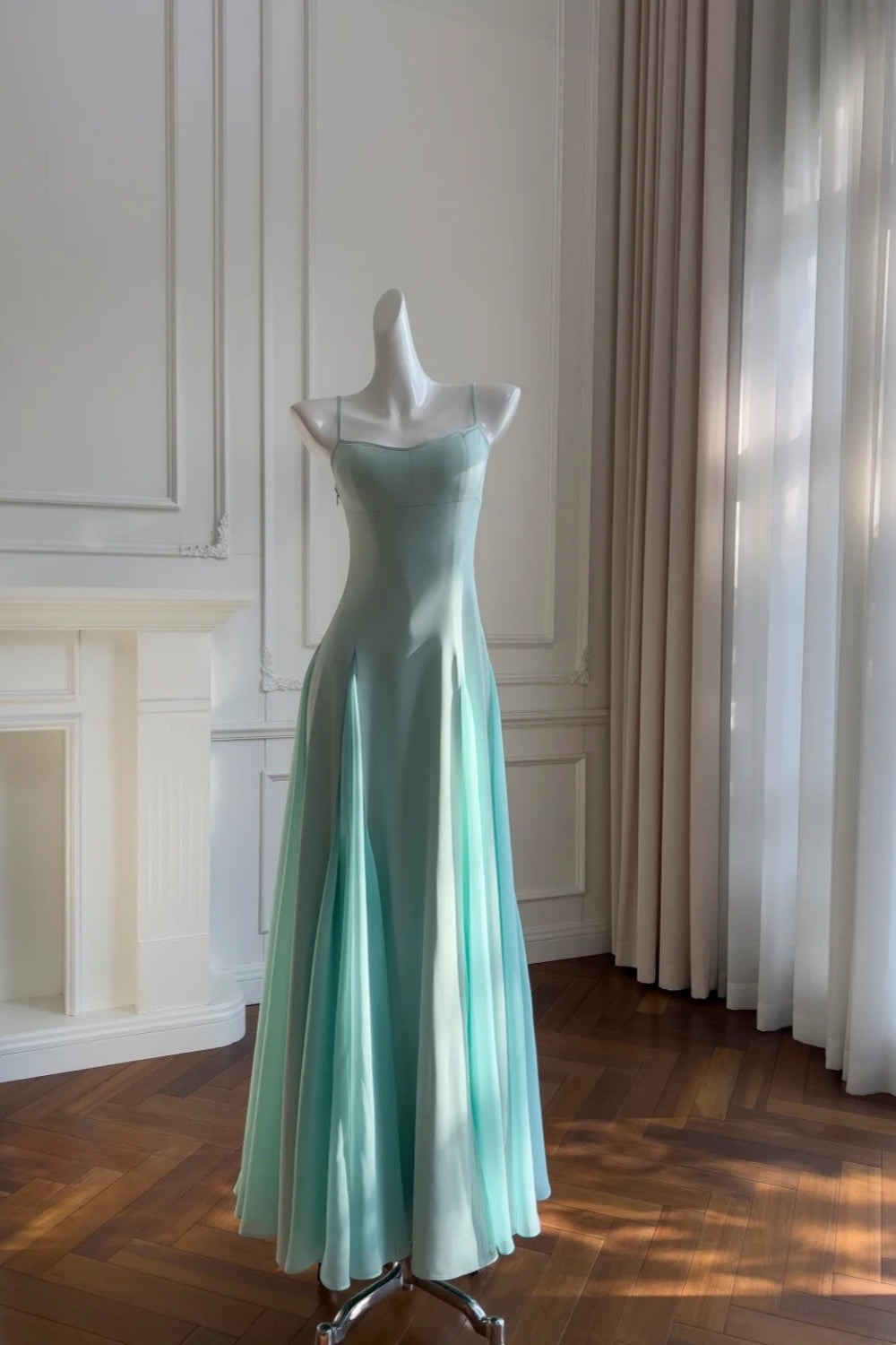 girlhomeshops- Minimalist Mint Green/Pastel Pink Spaghetti Strap Slim-Fit Long Evening Gown gh6098