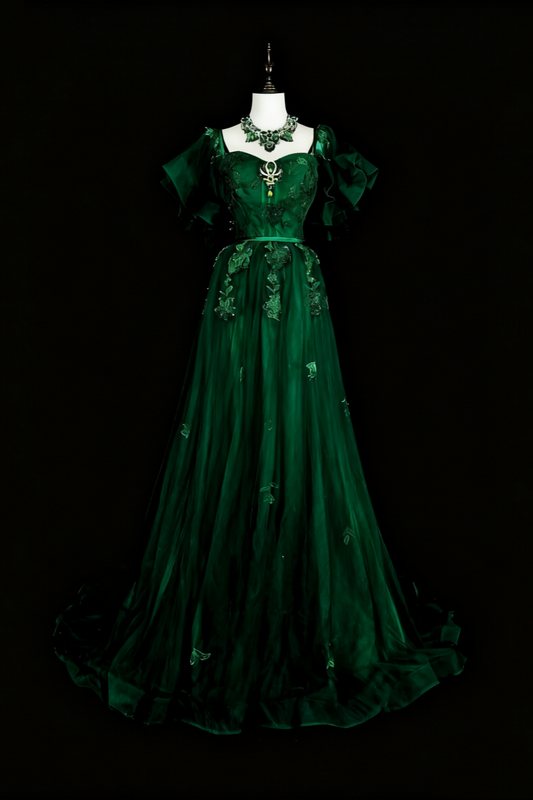 girlhomeshops-Grünes, zartes, kurzärmeliges Ballkleid aus Tüll im Vintage-Stil mit Blumenmuster gh6133