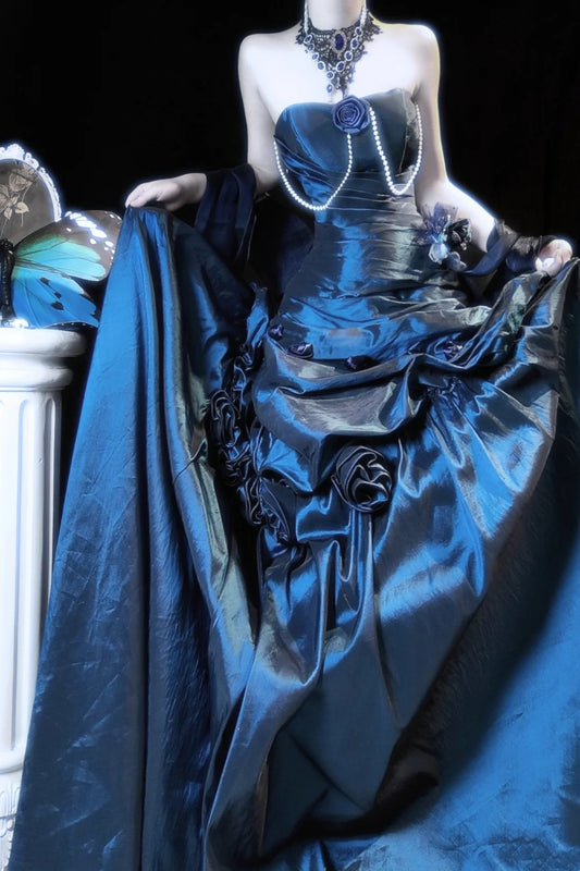 Robe de bal longue élégante en taffetas bleu style vintage gh6845