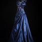 girlhomeshops-Navy Blue Satin Spaghetti Straps Floor-Length Sequin Beaded Big Bow Evening Gown gh6305