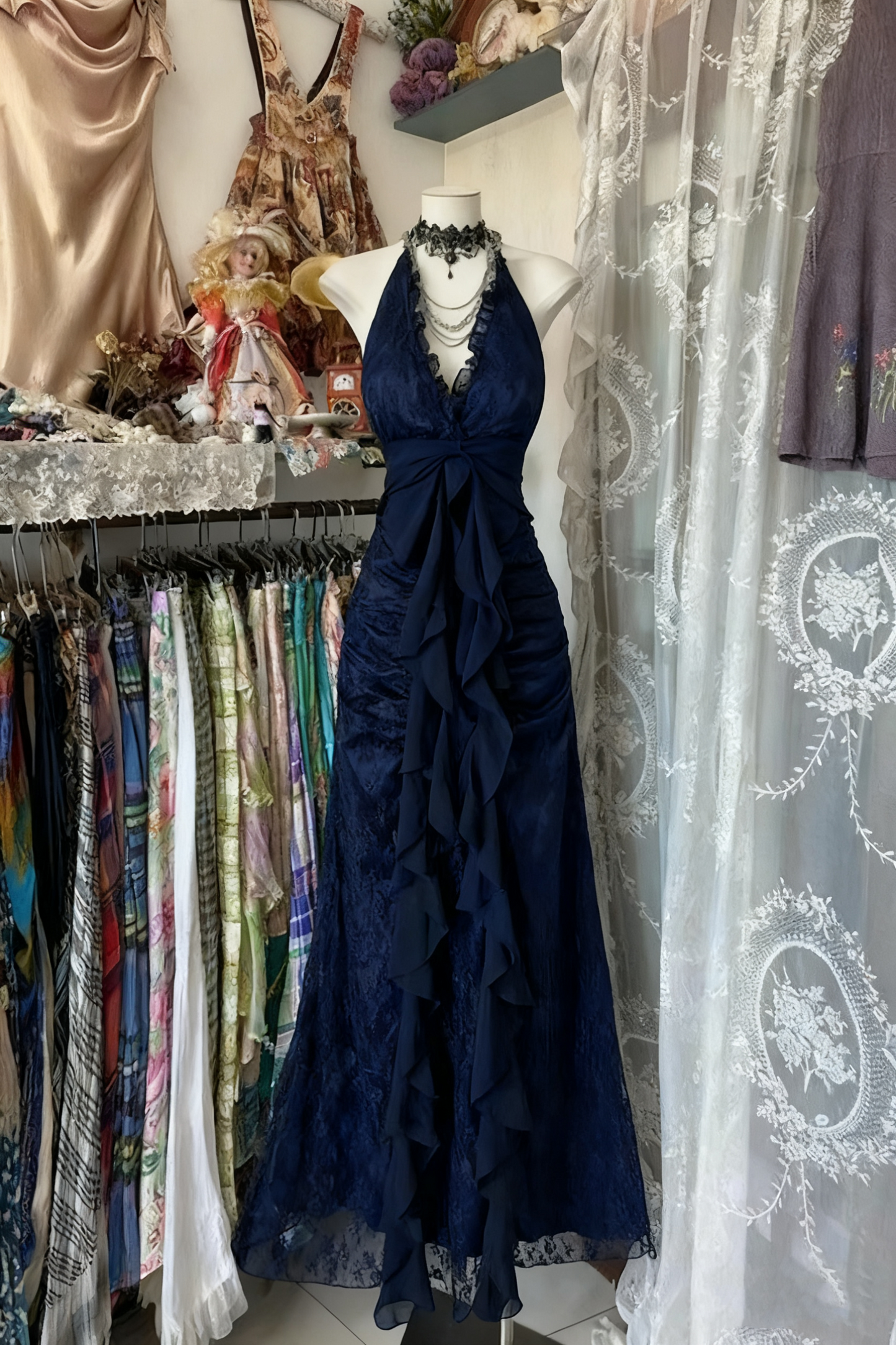 Robe de soirée longue en mousseline de soie et tulle, dos nu, style vintage, noire et rouge, gh4244