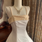 White Spaghetti Strap Waist-Cinched Voluminous Skirt Elegant Vintage Prom Gown, Graduation Dress, Wedding Dress gh7263