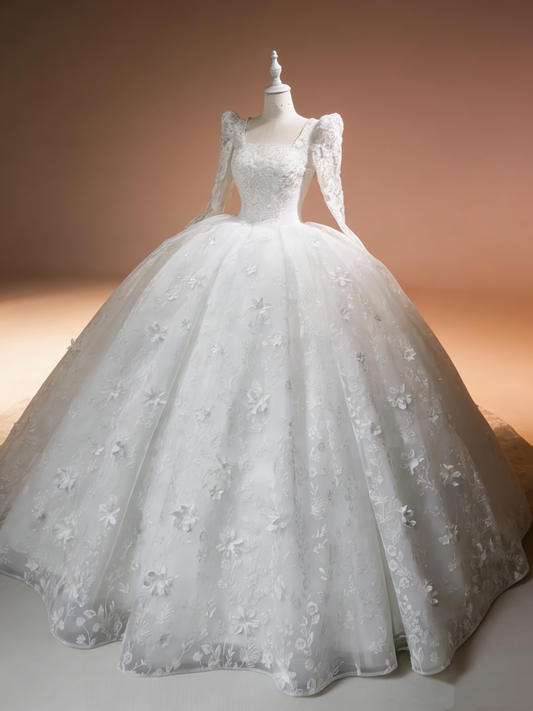 White Royal Style Puff Sleeve Ball Gown - Heavy Lace Embroidery Church Wedding Dress gh6968