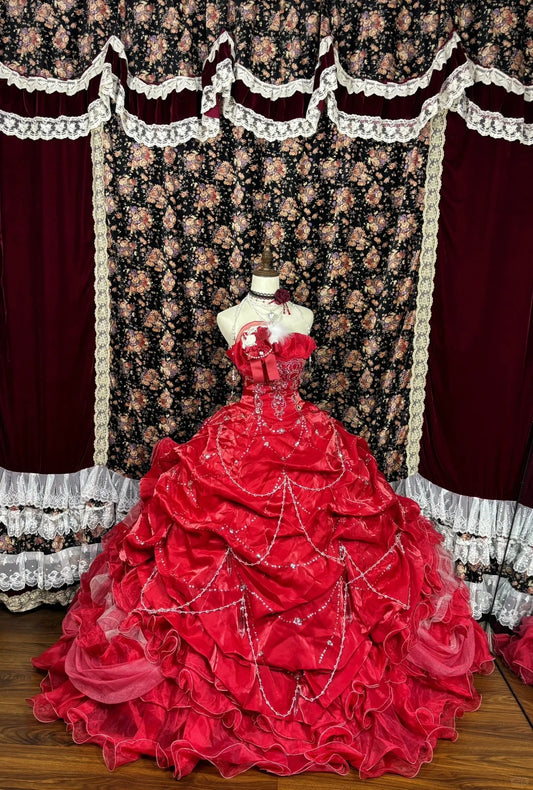 Rotes langes Ballkleid-Abendkleid aus Satin mit Blumenmuster und Perlen gh4768