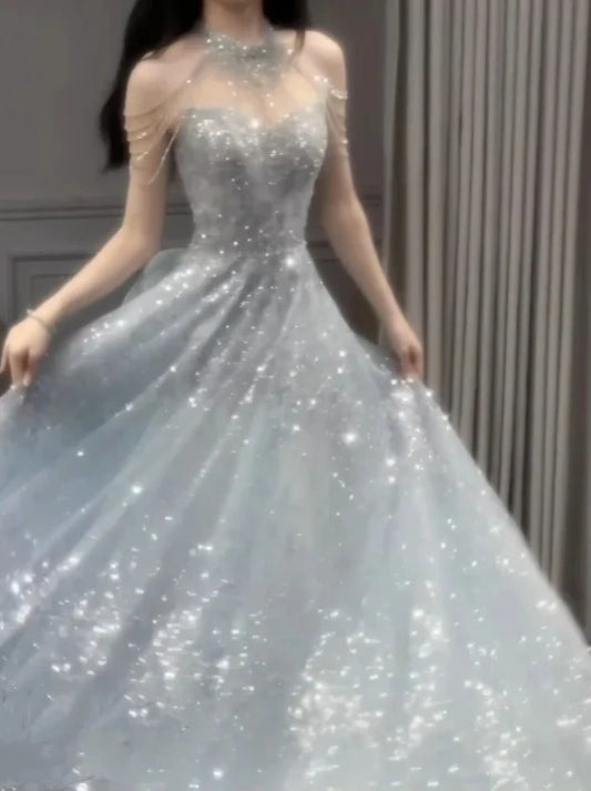 Hellblau elegante wunderschöne exquisite perlen lange Tüll glänzende Ballkleid Abendkleid Brautkleid gh4353
