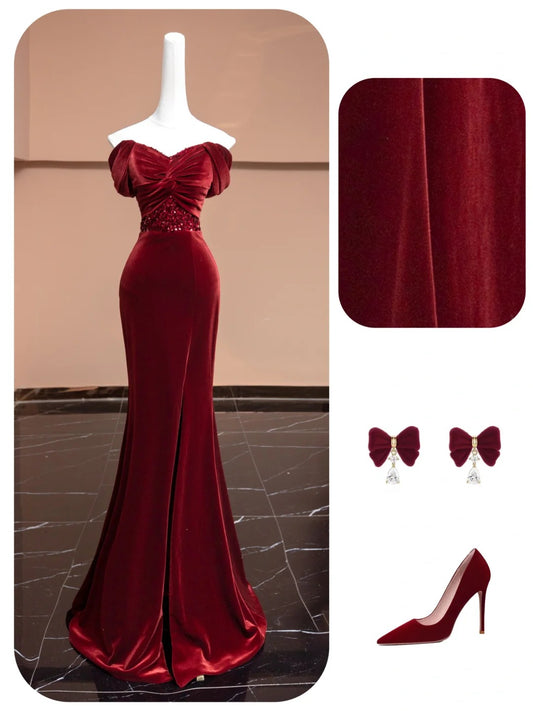 Robe de soirée élégante en velours bordeaux, longue, style sirène, coupe slim, avec perles, gh4877