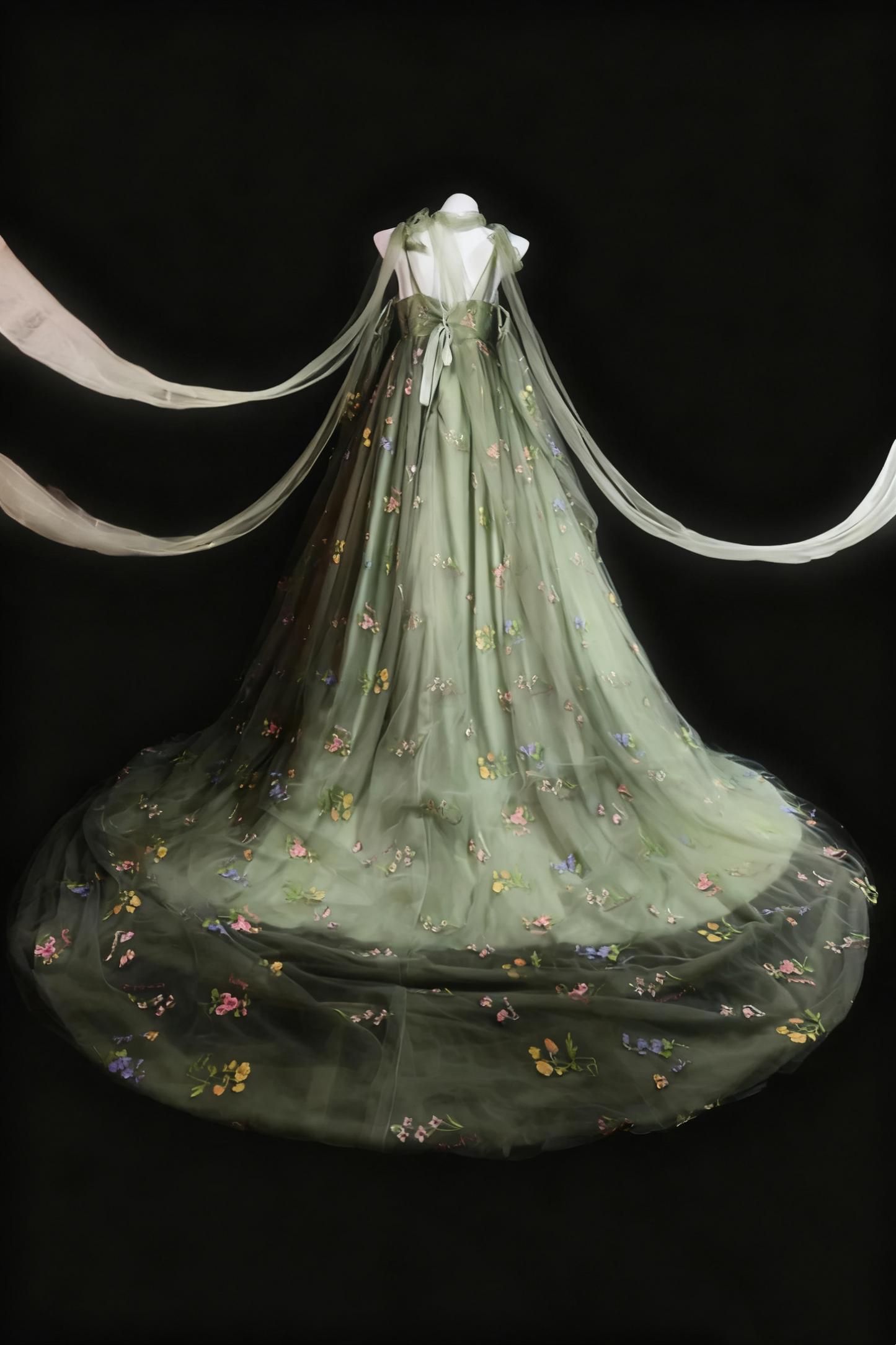 girlhomeshops-Grünes, zartes Ballkleid aus Tüll mit Blumenmuster gh6285