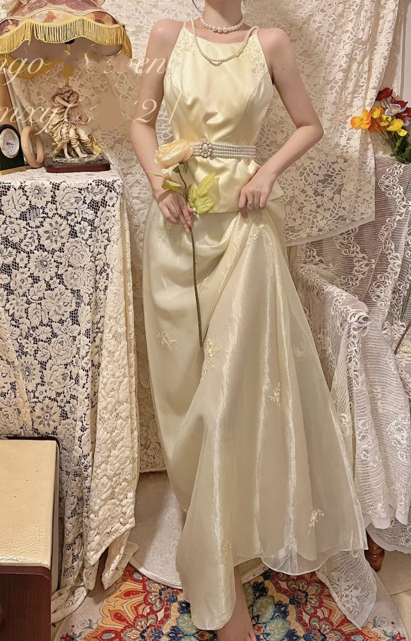 Robe de soirée longue en mousseline de soie à fleurs jaunes, robe de soirée, robe de remise de diplôme, ensemble deux pièces gh4506