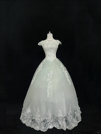 Light Green Embroidered Cinched Waist Voluminous Skirt Long Romantic Dress, Wedding Gown gh8048