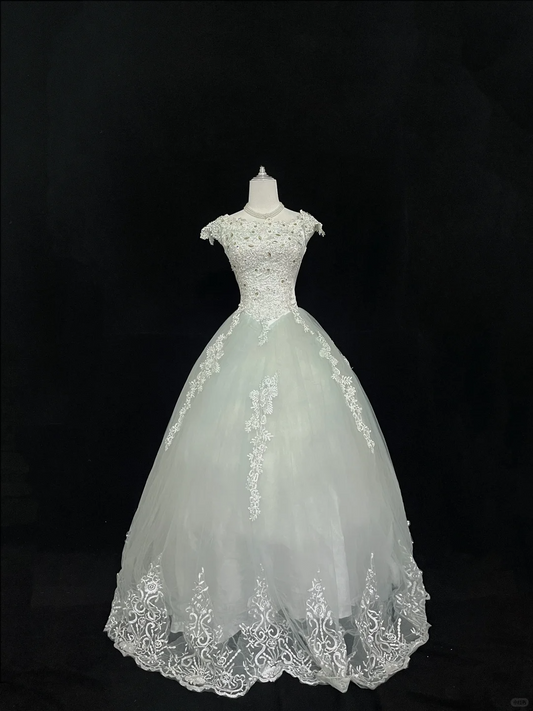 Light Green Embroidered Cinched Waist Voluminous Skirt Long Romantic Dress, Wedding Gown gh8048