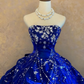 girlhomeshops-Royal Blue Gradient Satin Strapless Rhinestone-Embleme Floor-Long Court-Style Dress gh6367