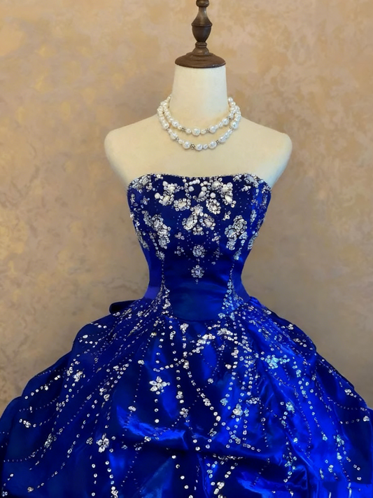 girlhomeshops-Royal Blue Gradient Satin Strapless Rhinestone-Embleme Floor-Long Court-Style Dress gh6367