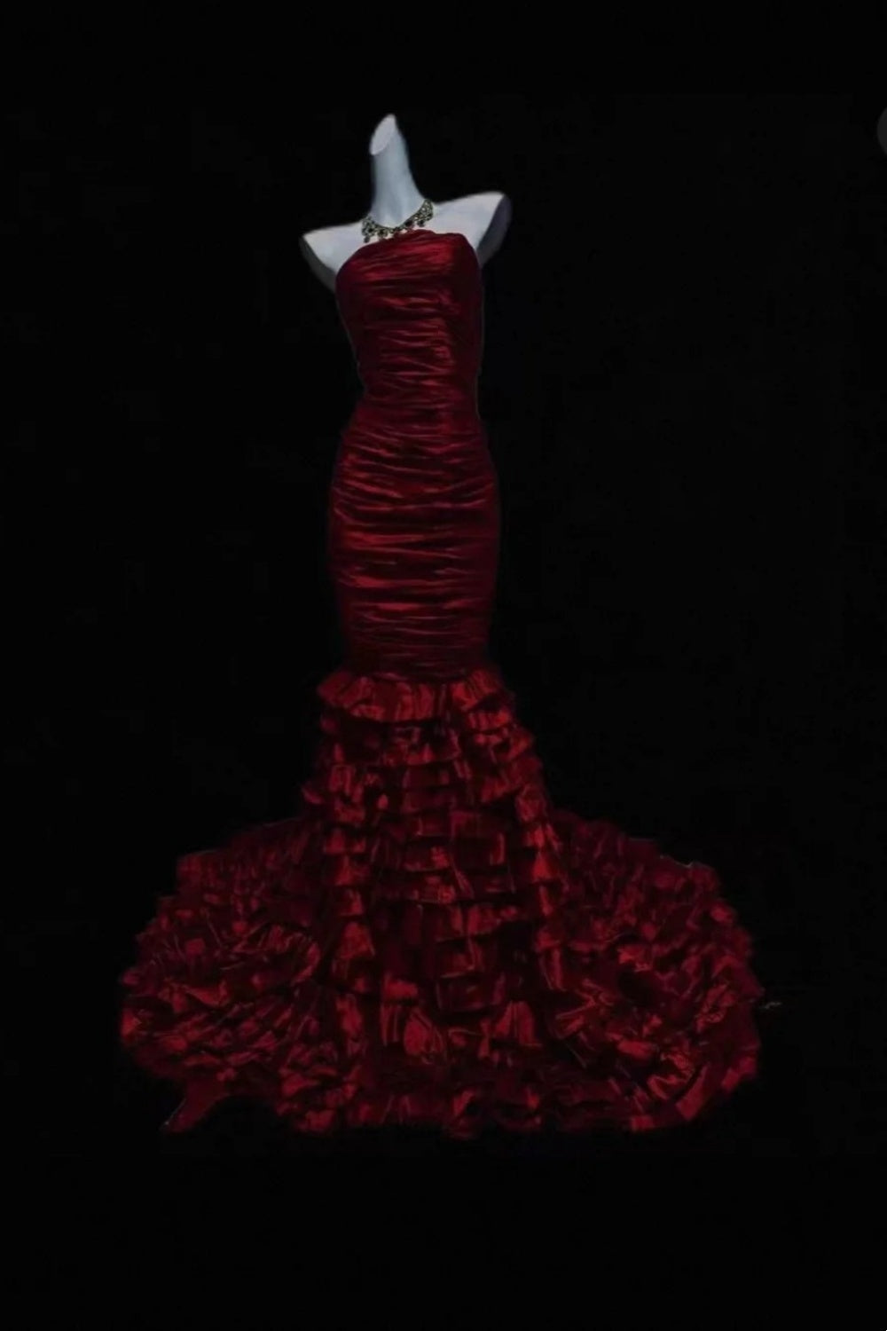 Luxury Red Mermaid Prom Dress with Strapless Ruched Bodice Tiered Ruffle Train  Formal Evening Gown gh7106