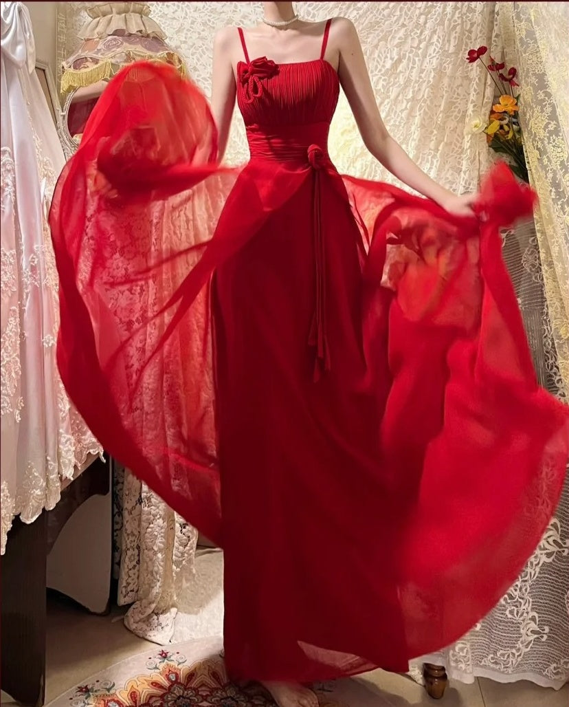 Robe de soirée longue en satin et tulle à fleurs rouges, robe de bal, robe de fête d'anniversaire, gh4414