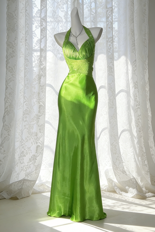 ✨Electric Green Halter Backless Gown - Satin & Sequin Mermaid Dress gh6942