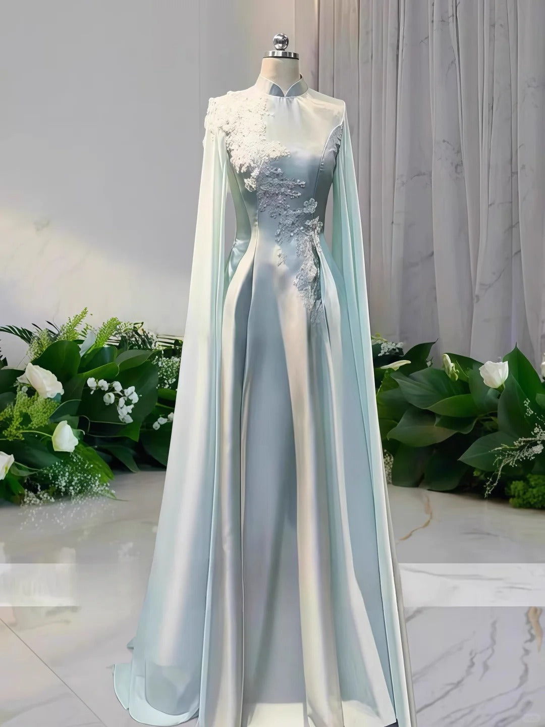 Girlhomeshops-Hellgrünes langes Ballkleid aus Satin mit Blumenperlen, Abschlussballkleid, Zeremonienkleid, langärmlig, gh5309