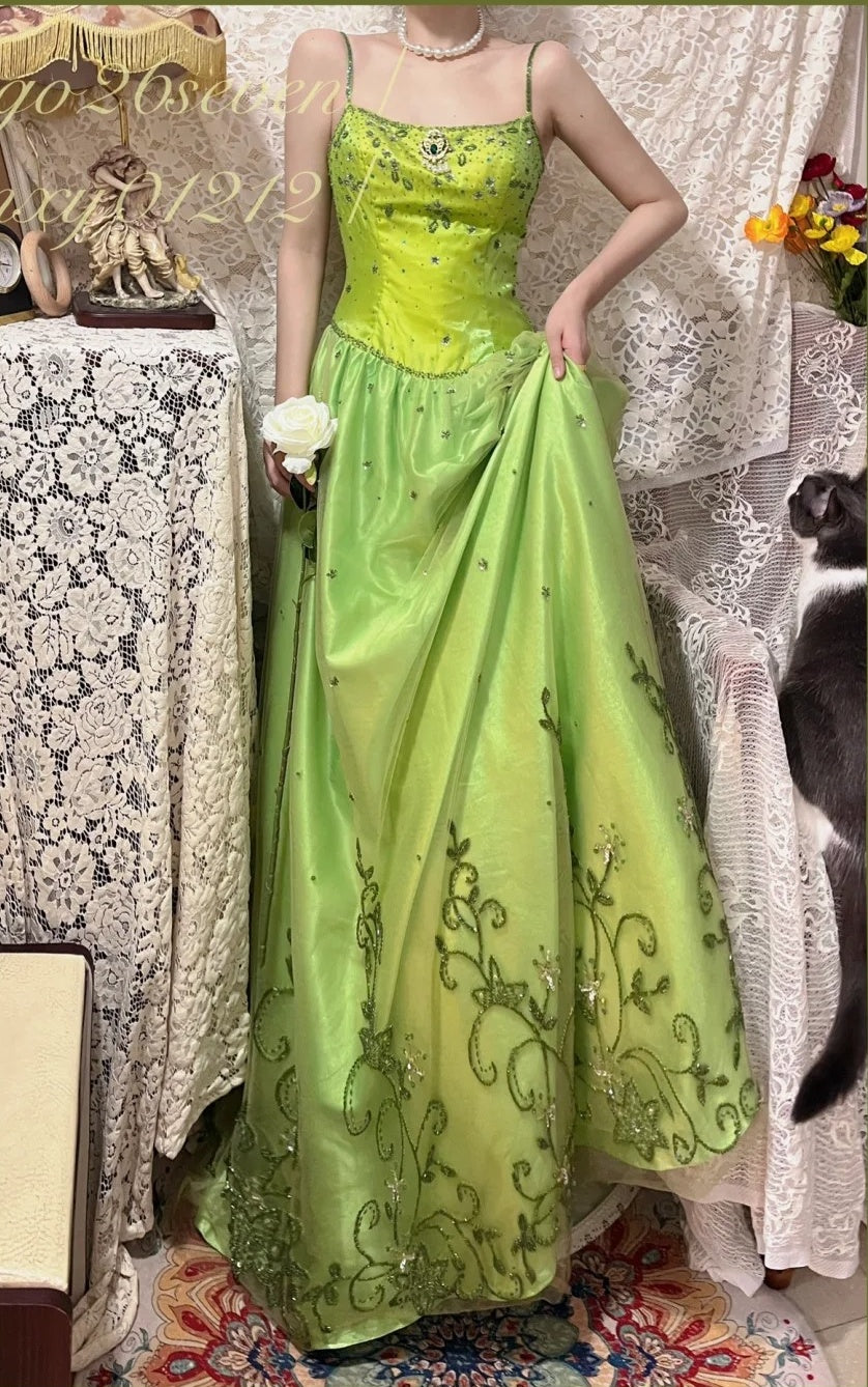 Robe de soirée longue en satin et tulle, style vintage, verte, exquise, perlée, motif floral, gh4433