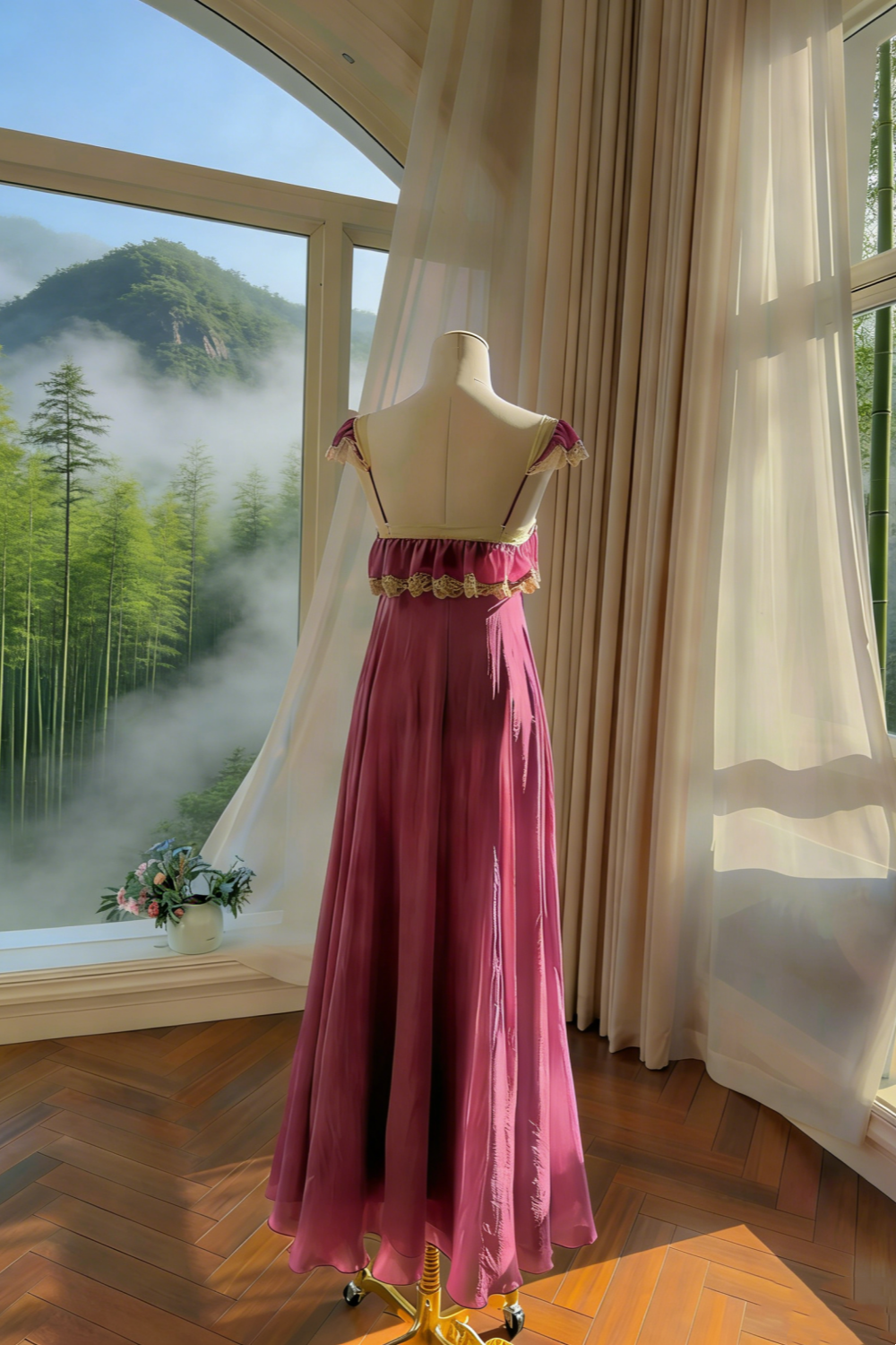 Robe longue fuchsia en mousseline à volants et dentelle, manches papillon - Robe longue vintage vaporeuse dos nu gh6964