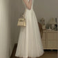 White Square Neck Spaghetti Strap Satin Tulle - Minimalist Elegant Bridesmaid/Date/Light Evening Midi Gown gh6981