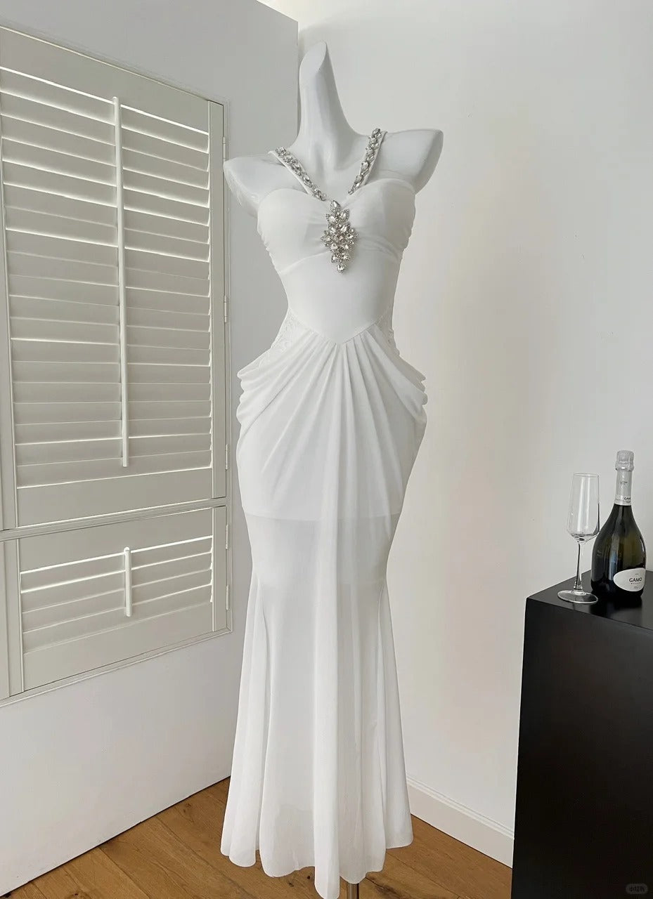 Robe de soirée longue en mousseline de soie, robe de bal blanche à licou et diamants lourds, gh4333