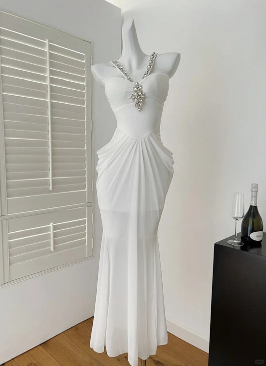 Robe de soirée longue en mousseline de soie, robe de bal blanche à licou et diamants lourds, gh4333