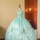 Girlhomeshops - Mintgrünes, glitzerndes, perlenbesetztes, florales, langes, bodenlanges Tüll-Ballkleid gh5300