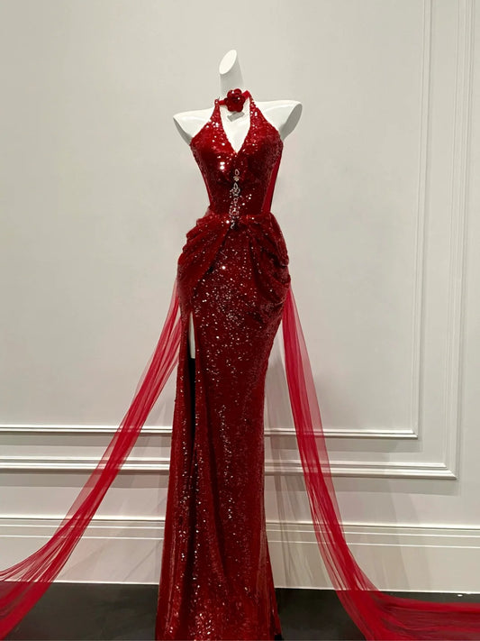 Robe de soirée en tulle pailleté rouge style rétro, robe de bal fluide, peinture à l'huile, gh4327