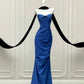 💙Blaues Tube-Top-Kleid, Retro-High-End-Ballkleid mit schwarzer Schleife, Abendkleid gh4328