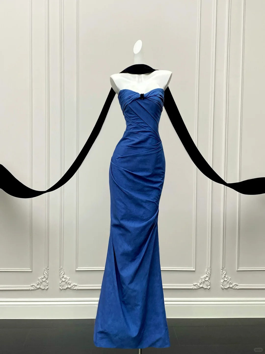 💙Blaues Tube-Top-Kleid, Retro-High-End-Ballkleid mit schwarzer Schleife, Abendkleid gh4328
