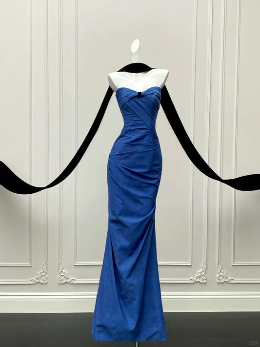 💙Blaues Tube-Top-Kleid, Retro-High-End-Ballkleid mit schwarzer Schleife, Abendkleid gh4328
