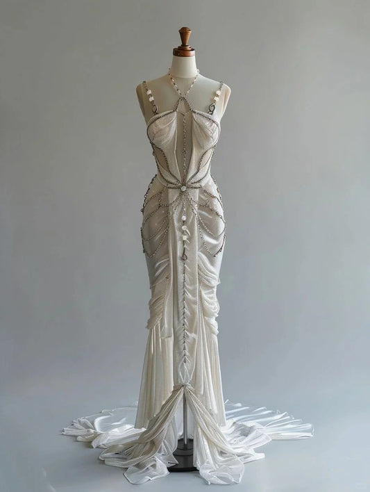 Ivory White Elegant Long Satin Tulle Chiffon Party Dress Ball Gown Evening Dress gh4693