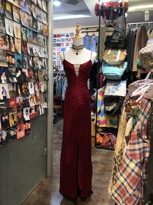 Robe de soirée bordeaux, élégante et raffinée, style rétro, bretelles spaghetti, strass, longue, dos nu, en satin, robe de bal, robe de fête d'anniversaire, gh4147