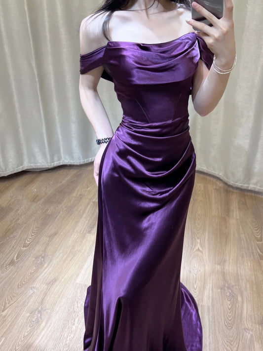 Robe de soirée longue et élégante en satin violet, coupe slim, longueur au sol, robe de bal, gh4203